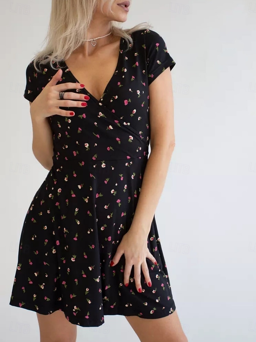Per donna Abito maxi Abito a trapezio Vacanza Casual All'aperto Uscire Vestibilità regolare Floreale Grafico Manica Corta Scollo a V Nero Bianco Marrone Verde Estate Primavera del 2026 a $21.99 –P7
