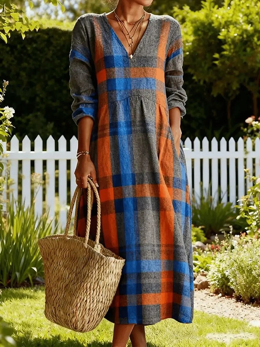 Mujer Vestido maxi Vestido de Camisa Vestido informal Moda Básico Moderno Diario Exterior Playa Ajuste regular Geométrico Plaid Manga 3/4 Escote en Pico Azul Piscina Verano Primavera 2026 - $34.99 –P1