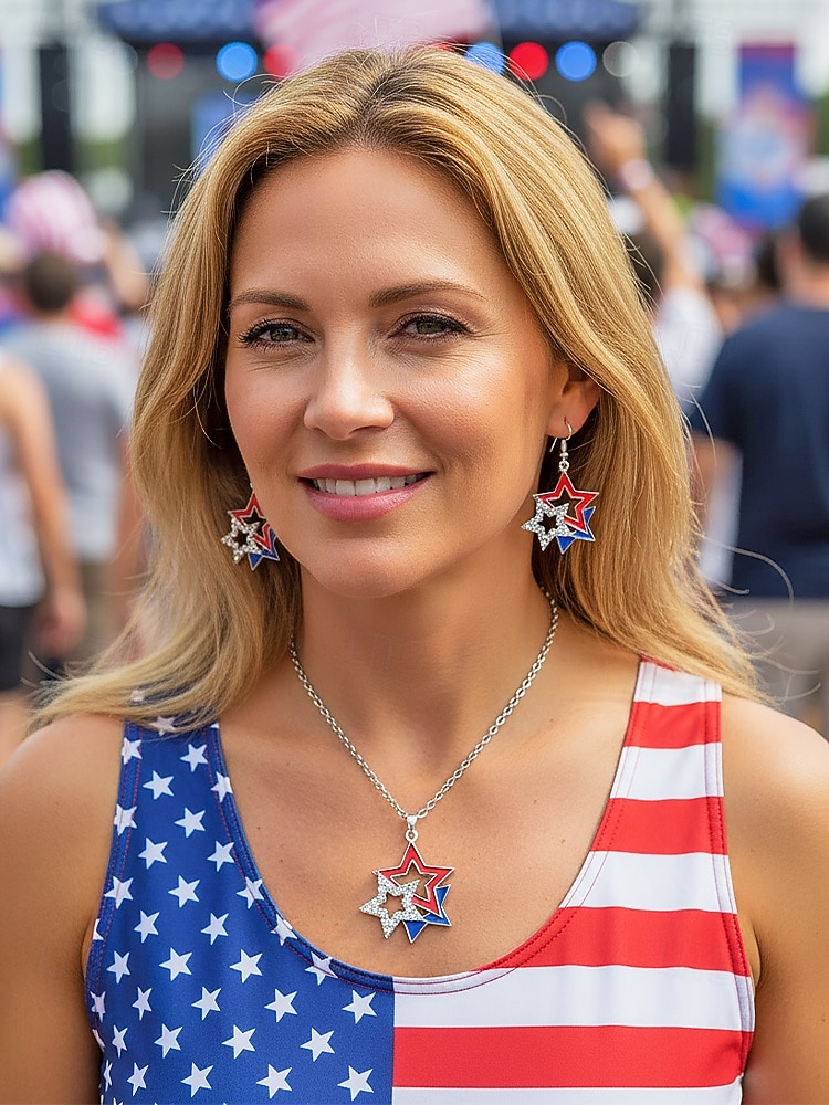 ציון הדרך של 250 שנה של ארצות הברית - סט תכשיטים לאומיים לנשים כולל שעון עם עגילים בעיצוב גבישי אדום-לבן-כחול מצעד וחגיגות 2026 - $9.99 –P1