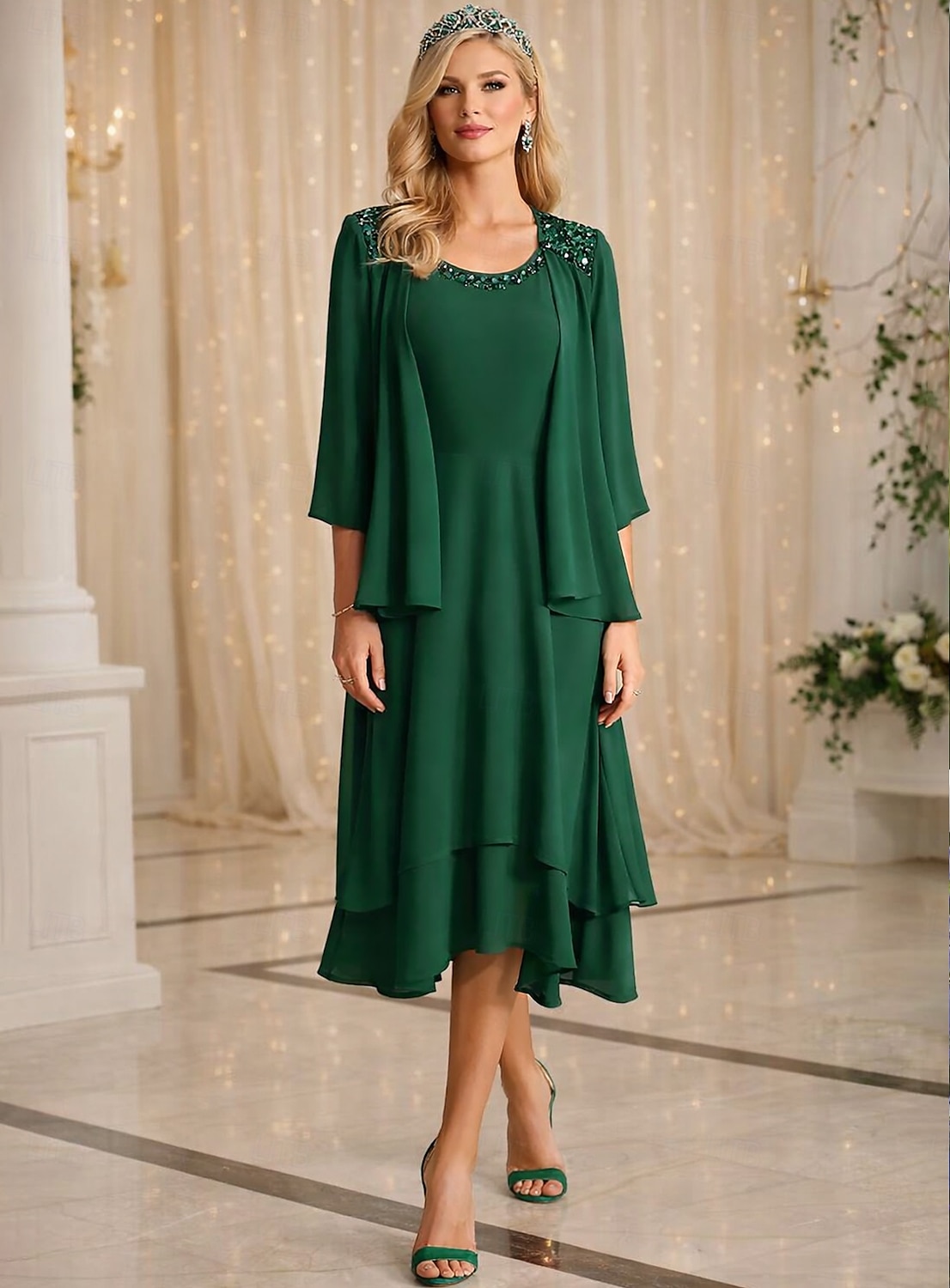 slim fit dress slacks Tea-Length Mother of The Bride Sheath Dress with Beaded Jacket main image 1
