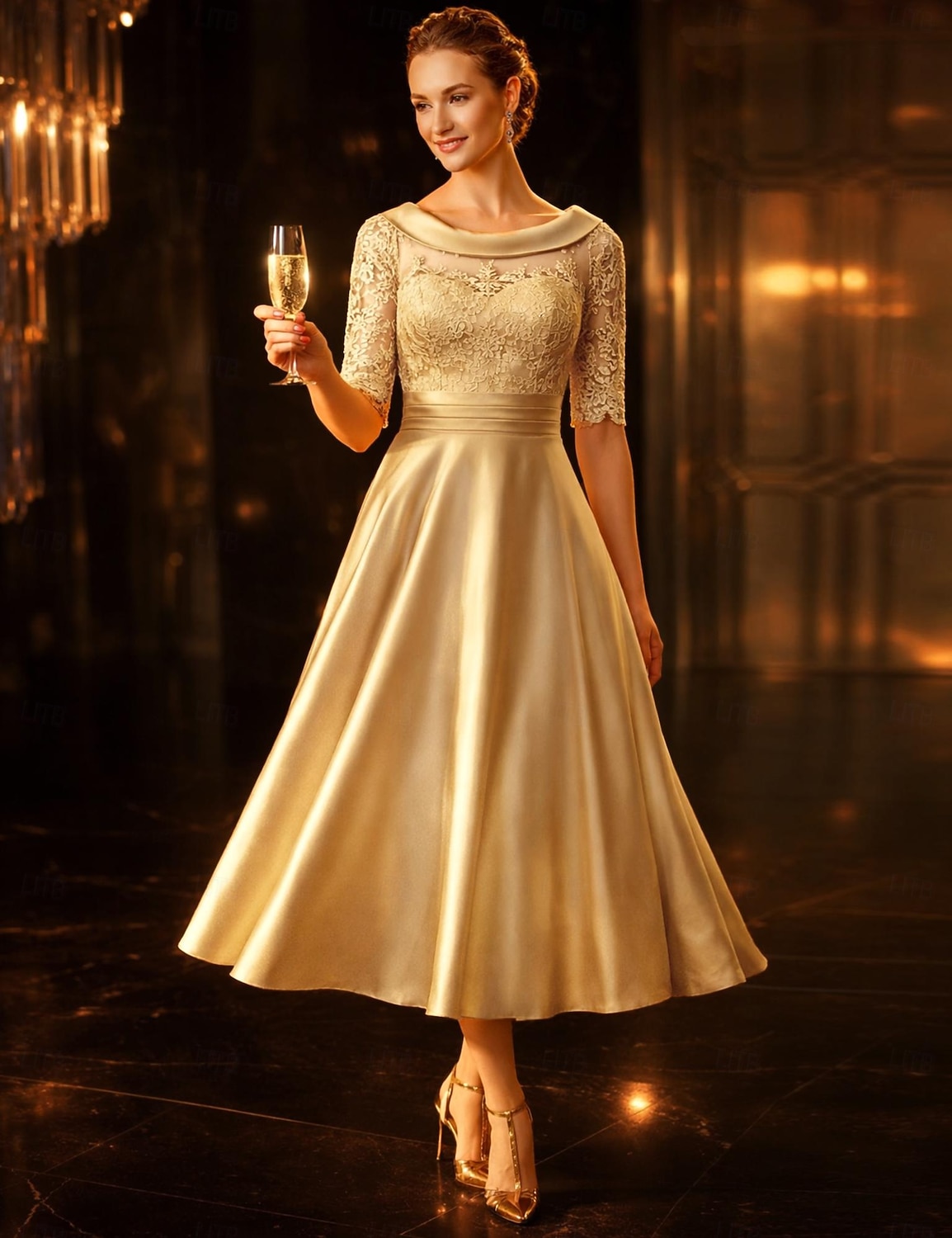 A-الخط طول الساق فستان الحفلة فستان كوكتيل فستان زفاف ضيف فستان أم العروس نصف كم رقبة سكوب أنيق عتيق ضيف حفل زفاف ساتان دانتيل مع روش زينة 2026 - $109.99 –P1