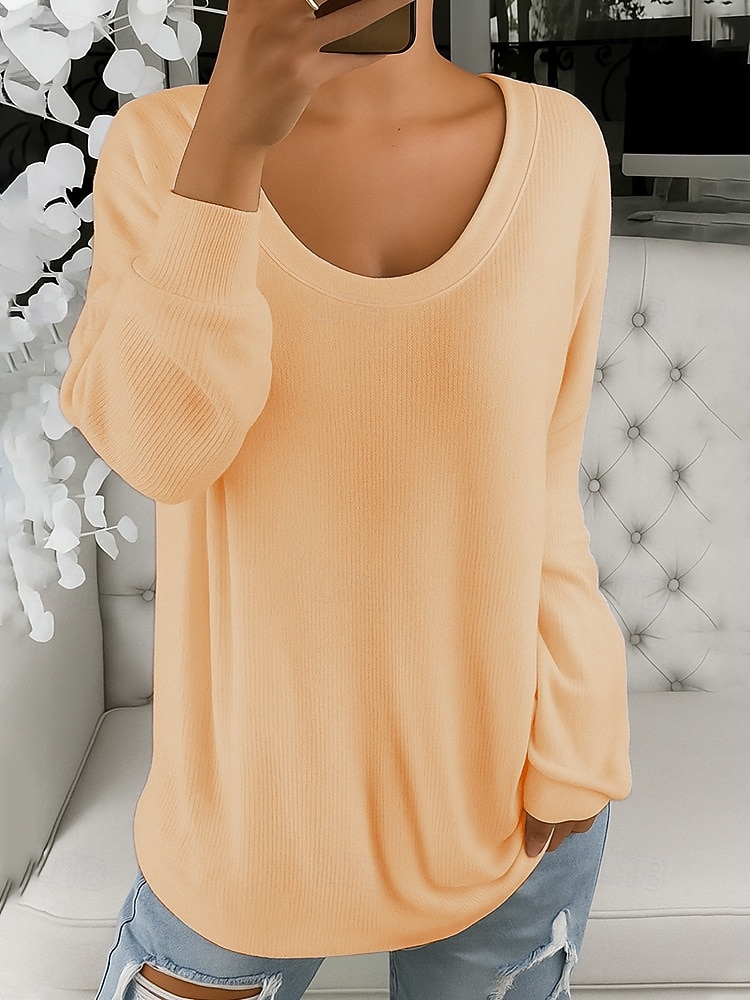 T-shirt pour femmes décontracté doux couleur unie côtelé col en V tricoté manches longues réguliers tricot quotidien extérieur week-end bleu blanc printemps automne de 2026 ? $21.99 –P2