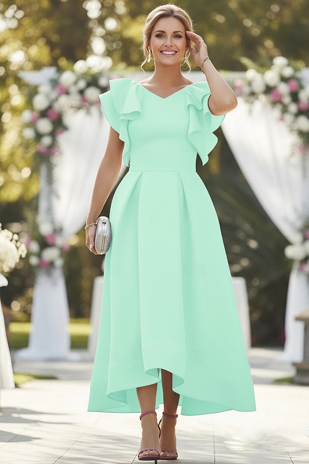 A-Line Asymmetrical Party Dress Cocktail Dress Wedding Guest Dress Mother  of the Bride Dress Short Sleeve V Neck Elegant High Low Satin with Ruffles  2026 - $126.99