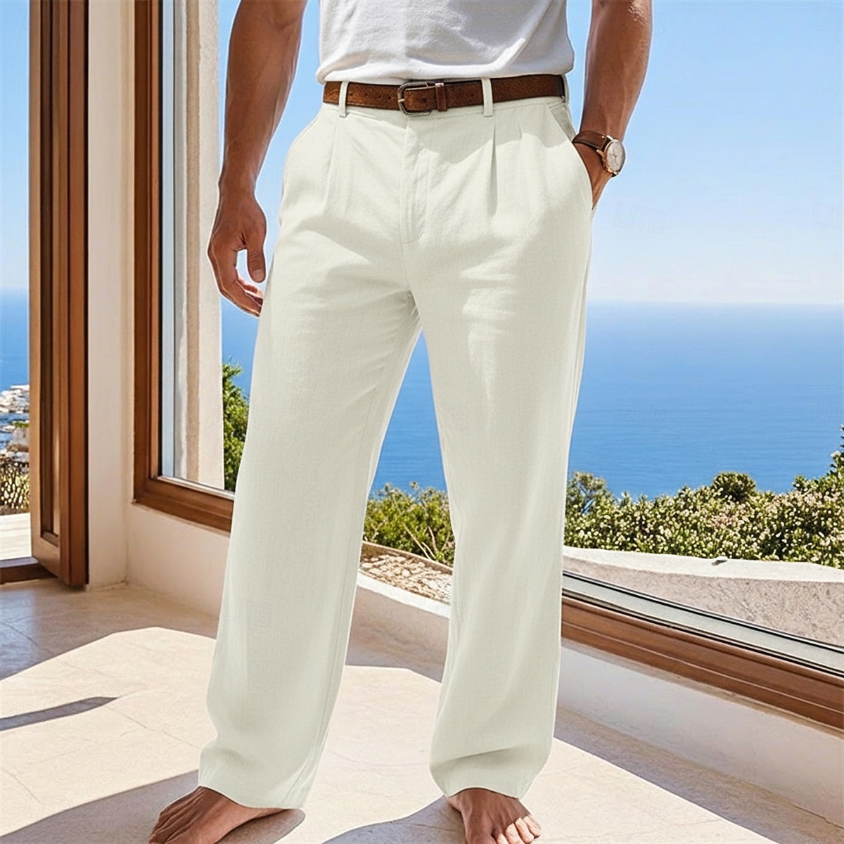 Herr Byxor av linne i bomull Långbyxor Sommarbyxor Säckiga byxor Strandbyxor Ficka Ensfärgat Komfort Andningsfunktion Fullängd Ledigt Dagligen Utomhus Semester Mode Blå Svart Oelastisk 2026 - $27.99 –P5