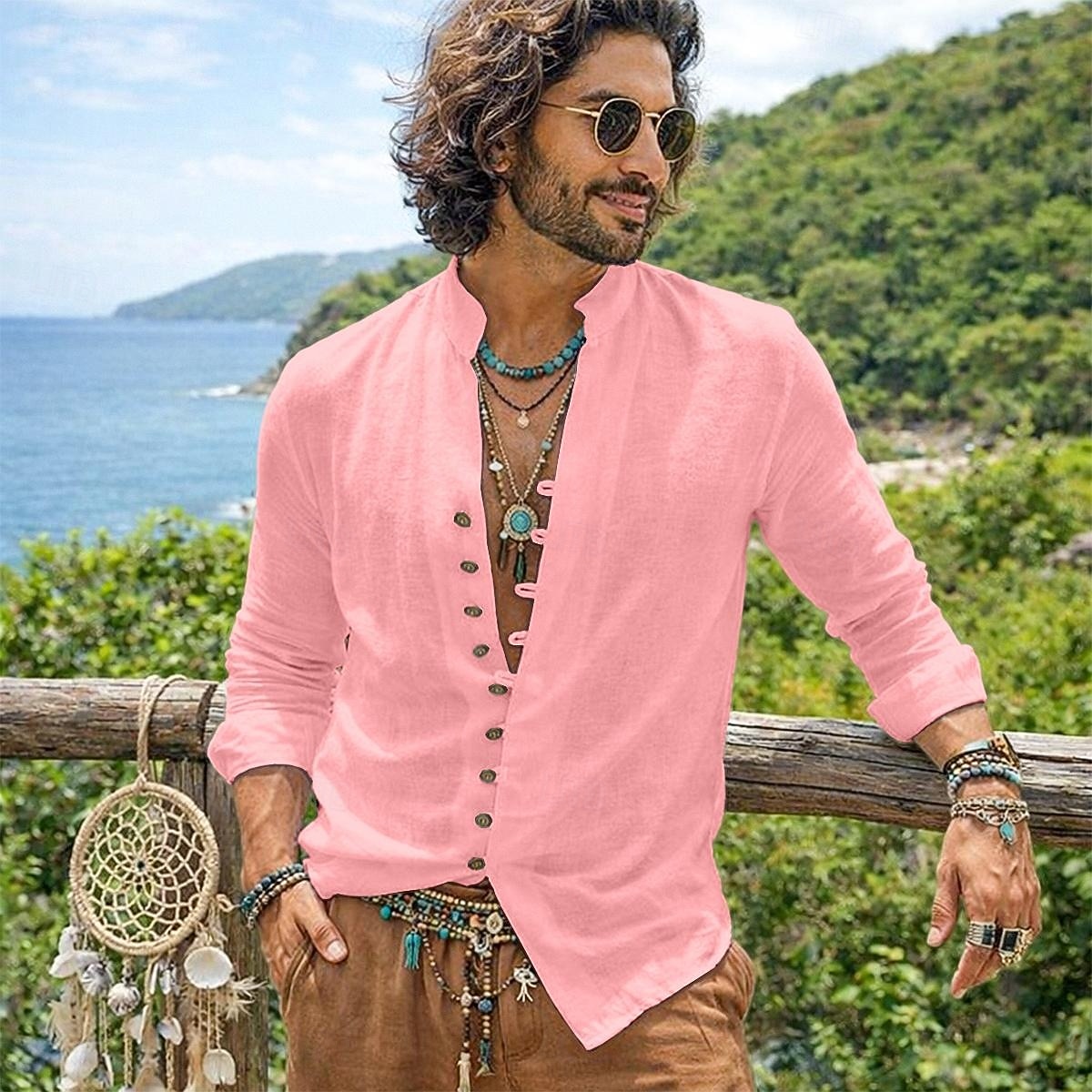 herrskjorta linneskjorta sommarskjorta vardagskjorta bohemskjorta enfärgad vardaglig blå svart vit rosa långärmad mandarinkrage sommar vår &höstkläder 2026 - $25.99 –P6