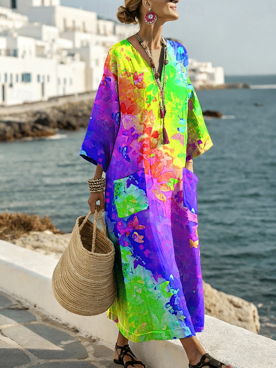 Abito Maxi da Donna in Lino Abito Casual Giornaliero Fit Lungo Ombre Grafica Maniche Lunghe Collo a V Blu Giallo Rosso Viola Estate Primavera del 2026 a $44.99 –P2