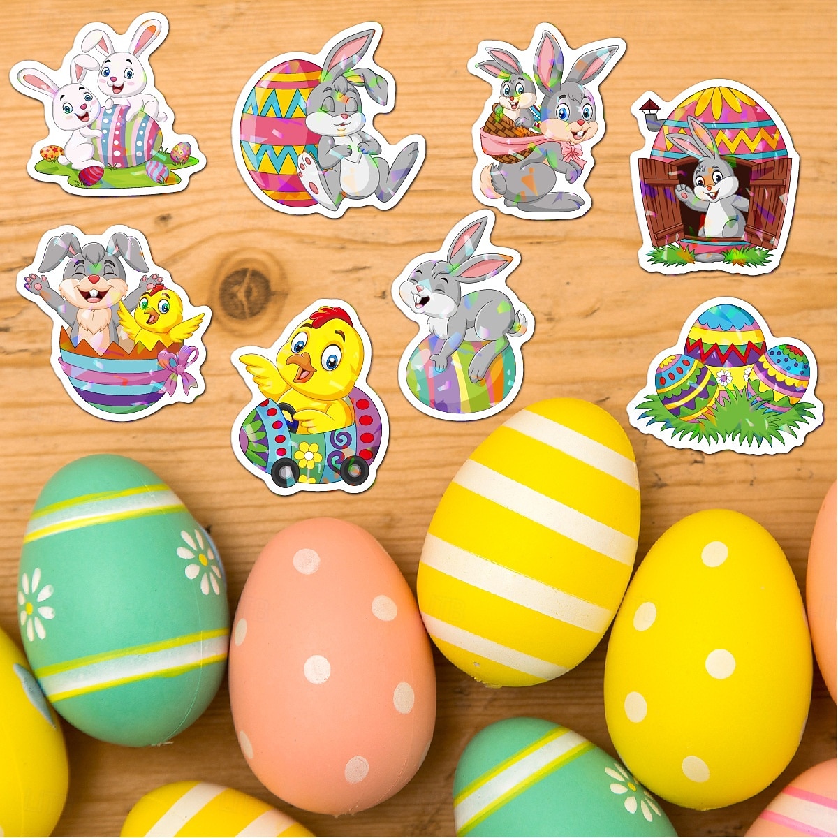 Easter Basket Stuffers 150 Piese (3 Seturi de 50) Autocolante de Paște Holografice Laser Rezistente la Apă pentru Decorațiuni de Cadouri de Sărbătoare Autocolante cu Ouă de Paște Transfrontaliere 2026 - $13.99 –P11
