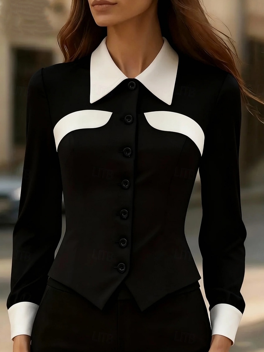 Жен. Блуза Пэчворк Пуговицы Контрастных цветов Элегантный стиль Стиль Классика Длинный рукав Рубашечный воротник Обычные топы Повседневные Офис Черный Белый Коричневый Хаки Весна Осень 2026 - $27.99 –P2