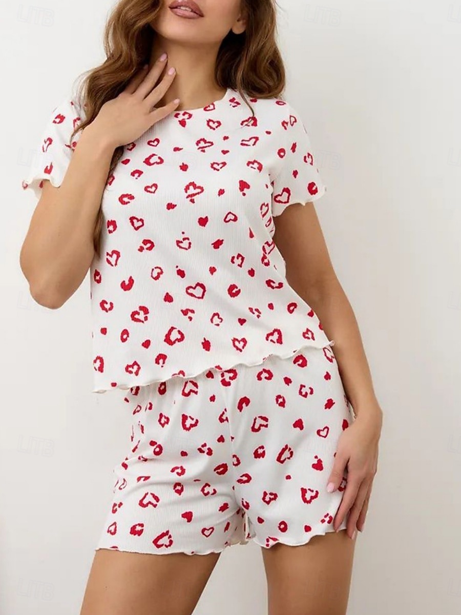 Dames Pyjamaset Casual Comfortabel Hart Elastische taille Korte broek Dagelijks Huis Korte mouw Strakke ronde hals Wit Blozend Roze Rood Bruin Zomer Lente Normale pasvorm 2026 - $14.99 –P11