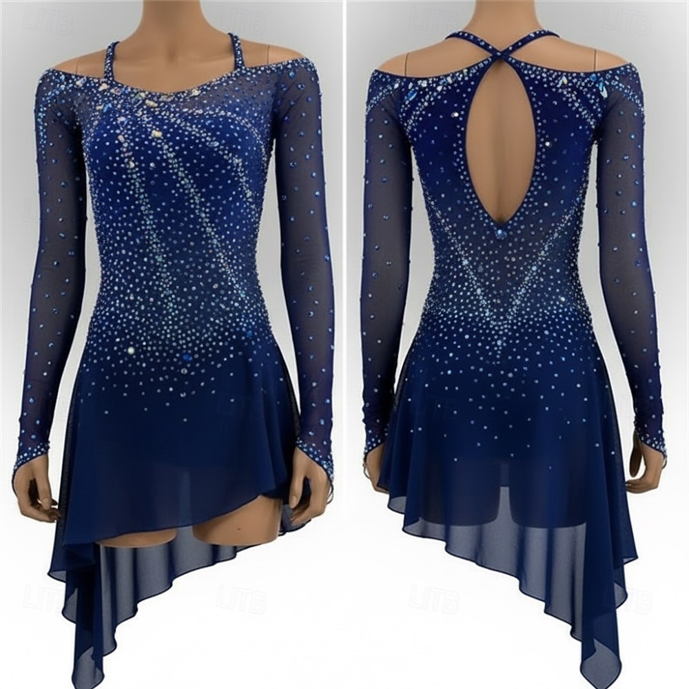 Vestido de patinaje artístico Mujer Patinaje Sobre Hielo Vestidos Azul marinero Retazos Espalda Abierta Elástico Entrenamiento Competición Ropa de Patinaje Clásico Cristal / Strass Manga Larga 2026 - $239.29 –P1
