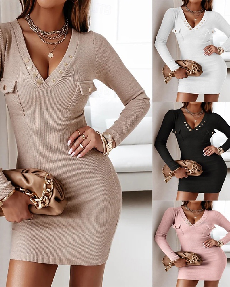 Per donna Mini Abito Abito in maglia Tubino Moda Moderno All'aperto Vacanza Uscire Vestibilità comoda Semplice Manica Lunga Scollo a V Nero Bianco Rosa Cachi Primavera Autunno del 2026 a $19.99 –P1