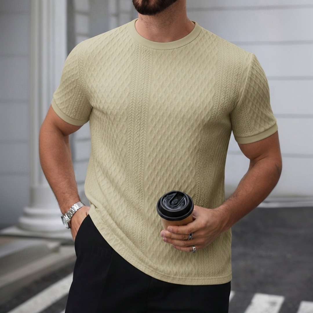 Homme T-shirt Manches courtes Col ras du cou Été Printemps Toutes saisons Couleur Unie Texturé Mode Designer Basique Jacquard Pur Occasionnel Vacances Décontracté Quotidien bleu marine T-shirt haut de 2026 ? $20.99 –P6