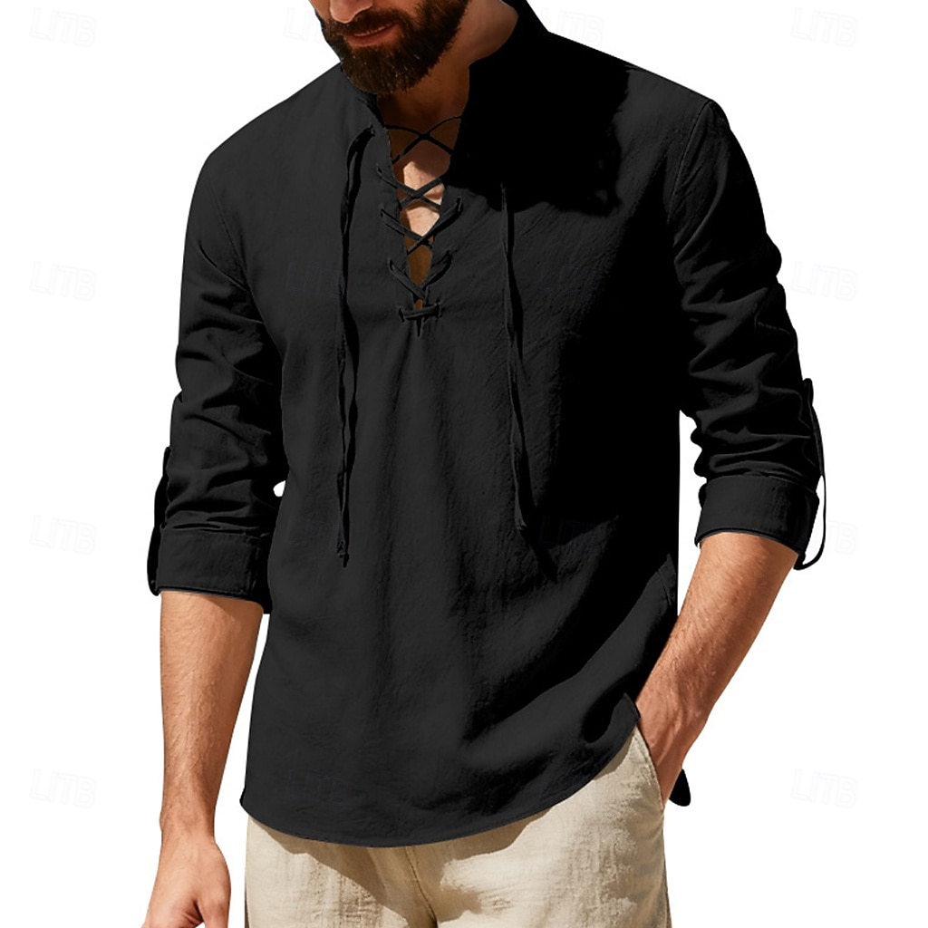 Муж. Рубашка Льняная рубашка Стиль Викингов Летняя рубашка Одежда для пляжа Рубашка с воротником-стойкой Сплошной цвет Повседневные Отпуск Черный Белый Зеленый Цвет хаки Длинный рукав 2026 - $12.49 –P9