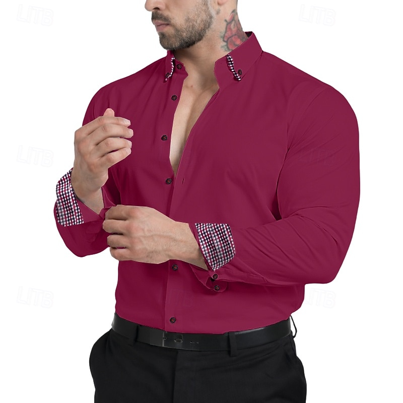 Herren Hemd Kleidhemd Bügelfreies Hemd Knopfhemd Farbblock Lässig Täglich Wein Langarm Umlegekragen Ganzjahres Bekleidung Patchwork 2026 - $29.99 –P5