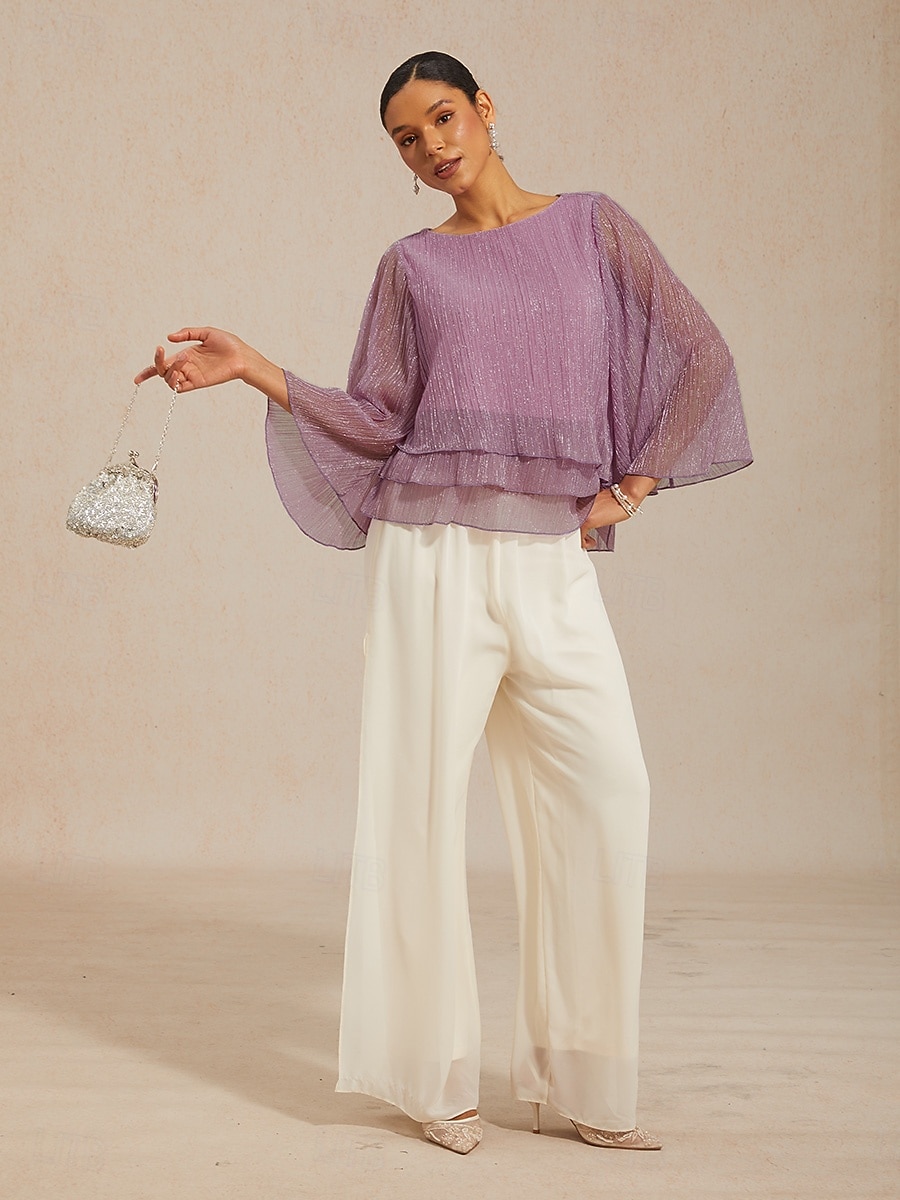 Women's Blouse Chiffon Tops Pleated Layered Metallic Elegant 3/4 Length Sleeve Bell Sleeve Crew Neck Daily Wedding Guest Light Purple Summer Spring Fall 2026 - $59.99 –P8