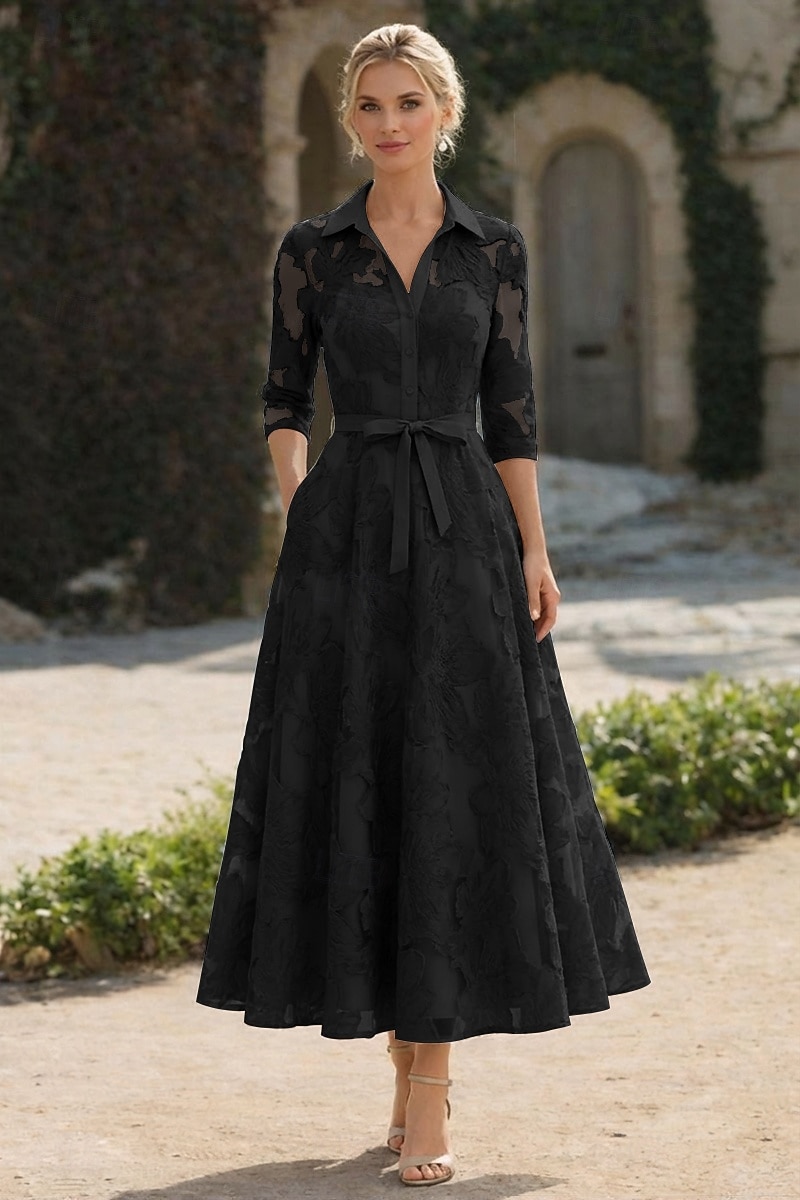 А-силуэт До щиколотки Платье-рубашка Вечернее платье Платье для матери невесты Длинный рукав Рубашечный воротник Элегантный стиль Винтаж Официальные Жаккард с Бант(ы) Вышивка Цветы 2026 - $152.99 –P4