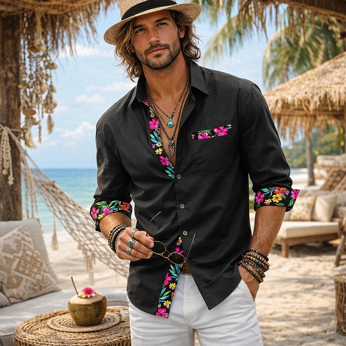 herenoverhemd linnen overhemd zomeroverhemd strandkleding overhemd met knoopsluiting bloemenprint casual dagelijks boho zwart wit roze grijs lange mouwen revers zomer lente &herfstkleding kledingstuk 2026 - $28.99 –P1