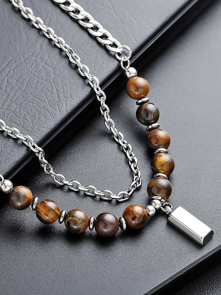 Мужское ожерелье из сплава и бусин тигрового глаза, двухслойная цепочка с подвеской, повседневный стиль бохо, прочное и стильное, идеально подходит для отдыха, курортной одежды и повседневной носки. 2026 - $11.99 –P7