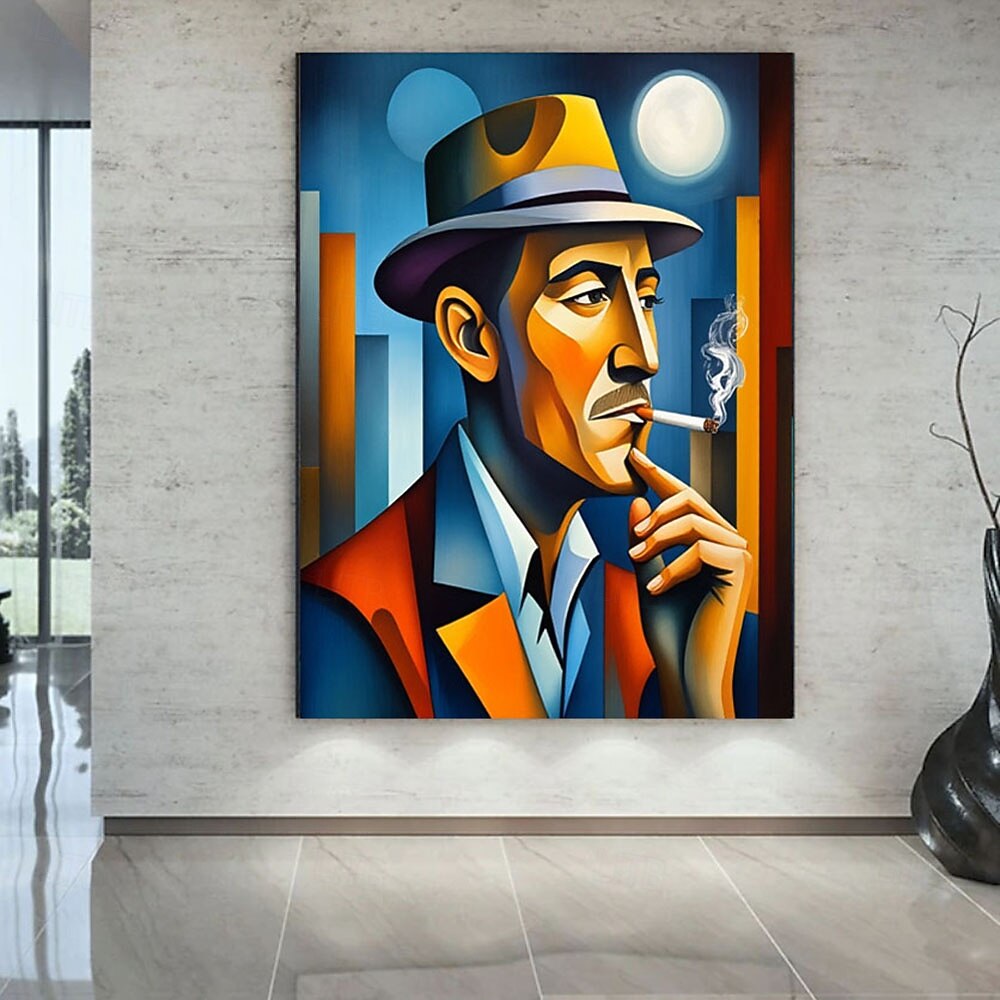Modern Expressionist Man Smoking Canvas Abstract Picaso Style Portrait Wall Art Blue Orange Home Decor Contemporary Art Canvas Unique Character 2026 - $102.99 –P3