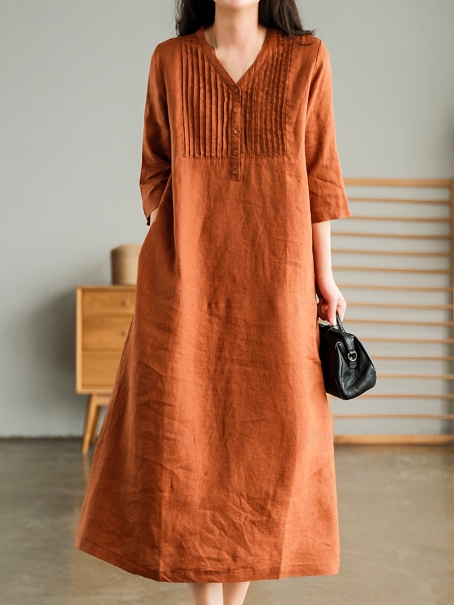 Per donna Abito Midi Abiti effetto lino Abito a Tubino Abito Estivo Casual Quotidiano Vestibilità comoda Semplice Manica 3/4 Scollo a V Blu Arancione Verde Beige Estate Autunno del 2026 a $32.99 –P1