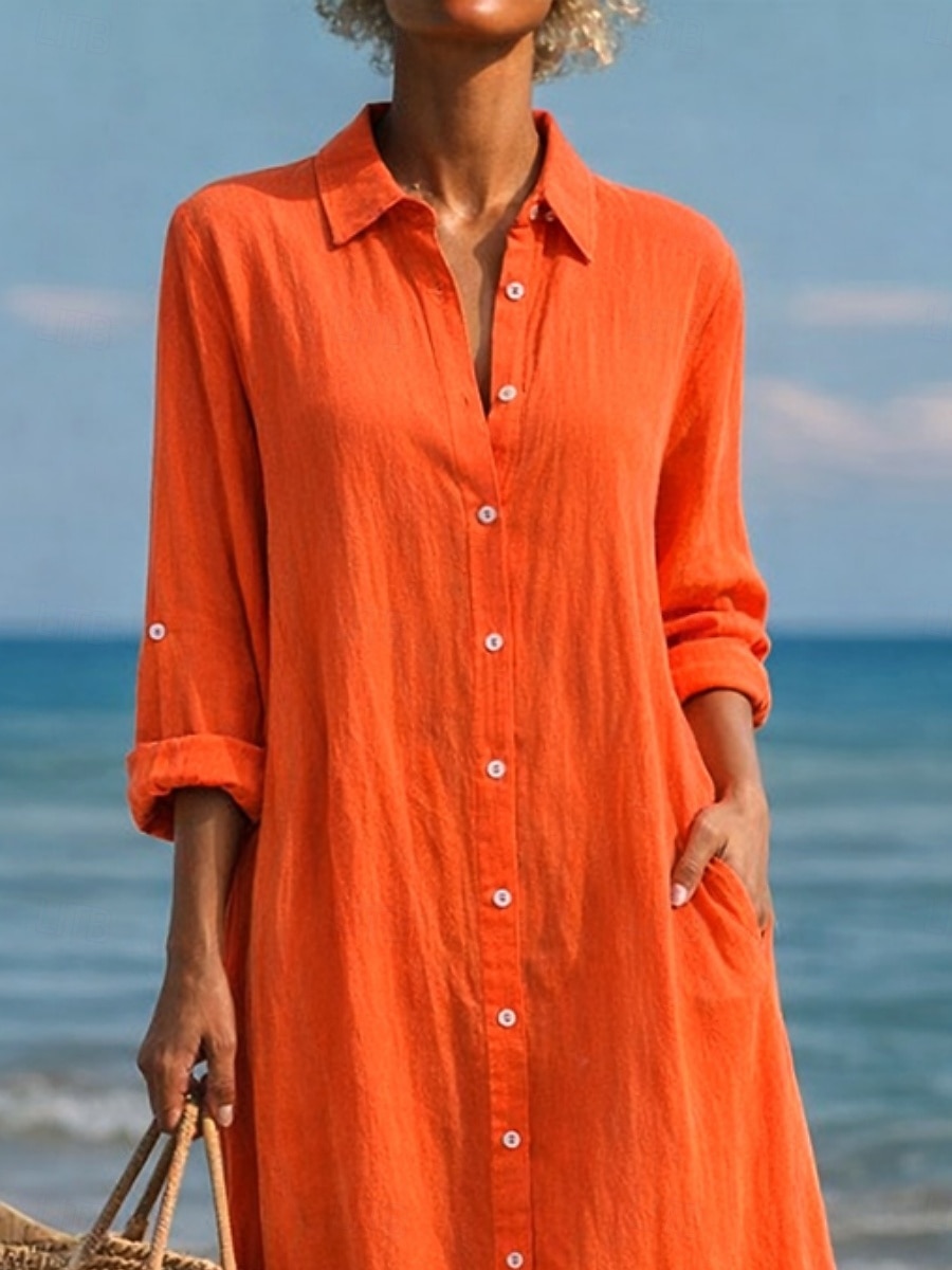 שמלת מקסי לנשים מכותנה ופשתן שמלת שינוי קזואלית יומית רחבה פשוטה עם שרוולים ארוכים צווארון כחול שחור לבן ירוק בהיר קיץ אביב סתיו 2026 - $41.99 –P3