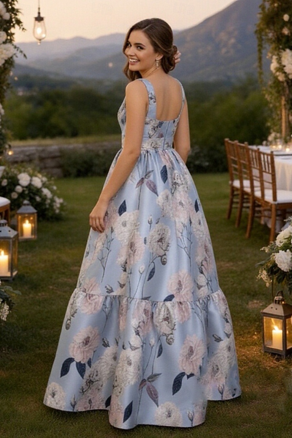 Linea ad A Lunghezza al pavimento Abito da invitata a nozze Abito Formale Abito da sera Abiti da Ballo Elegante Senza Maniche Spalline sottili Balli di fine anno Formale Raso con Stampa floreale del 2026 a SAR 699.7 –P2