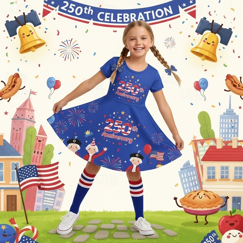 Girls' 3D Graphic Flag Dress Short Sleeve 3D Print Summer Spring Daily Vacation Party Cute Basic Casual Kids 4-12 Years Casual Dress A Line Dress Knee-length Regular Fit 2026 - $17.49 –P1