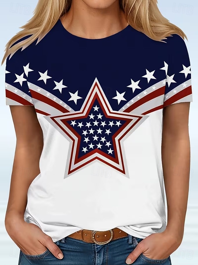 T-shirt patriottica da donna per il Giorno dell'Indipendenza grafico bandiera stella moda vintage stilosa maniche corte collo rotondo top regolari abbigliamento quotidiano weekend stampa blu rosso del 2026 a $22.99 –P1