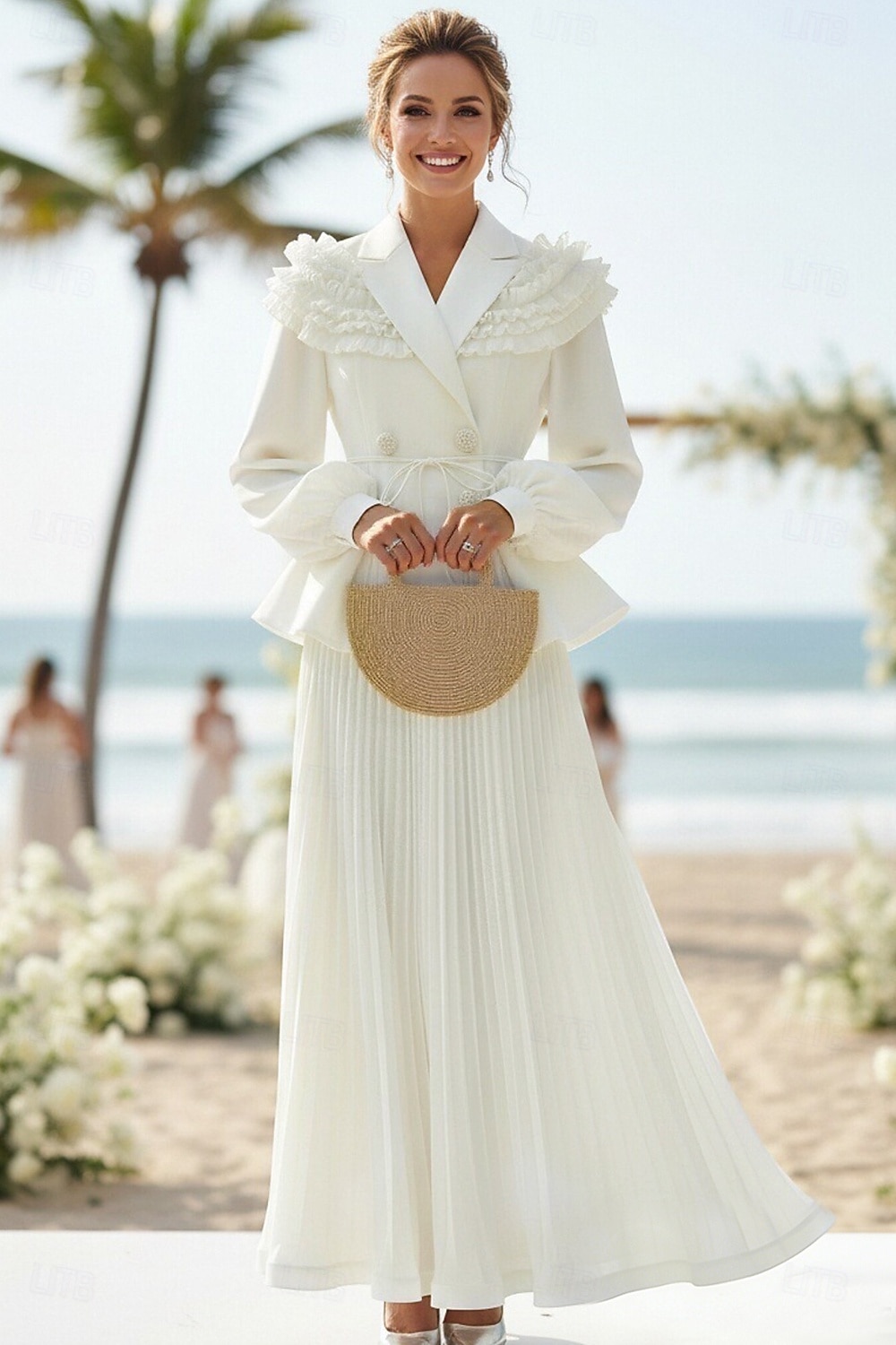 Zweiteilig A-Linie Knöchellänge Kleid für Hochzeitsgäste Kleider für Hochzeitsgäste Elegant Vintage Täglich Langarm Revers Gartenparty Hochzeit mit 3D-Blumen Falten 2026 - $137.99 –P6