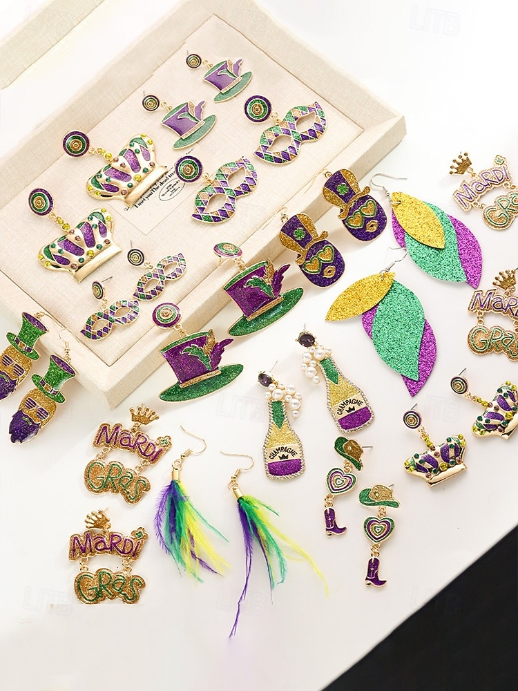 Dámské náušnice s motivem Mardi Gras – materiál slitina, k dispozici v různých designech, ideální pro oslavy a festivaly Mardi Gras 2026 - $7.99 –P6