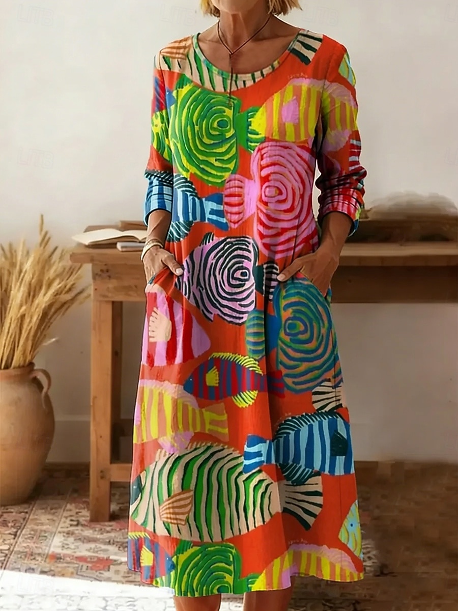 Per donna Abito Midi Tubino Vestito T-Shirt Vacanza Casual Boho Ferie Data Vestibilità regolare Grafico Geometrico Astratto Manica Lunga Girocollo Giallo Rosa Arancione Estate Primavera del 2026 a $32.99 –P2