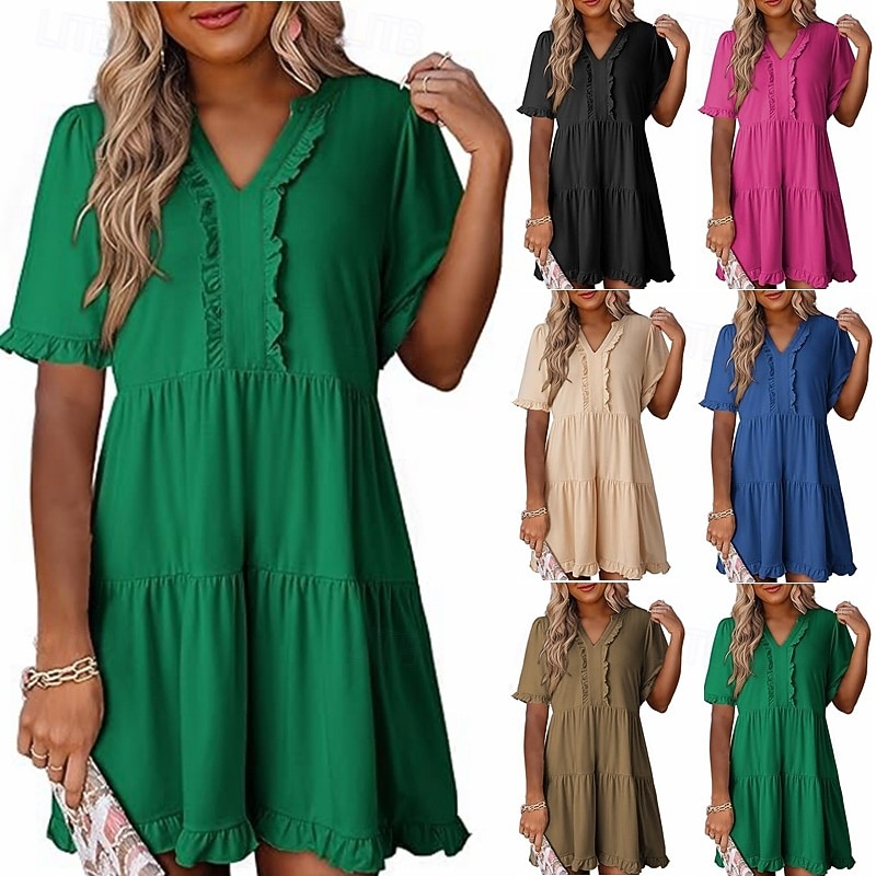 Per donna Mini Abito Abito a trapezio Abito Estivo Casual Quotidiano Vestibilità comoda Semplice Manica Corta Scollo a V Blu Nero Fucsia Verde Estate Primavera del 2026 a $29.99 –P1
