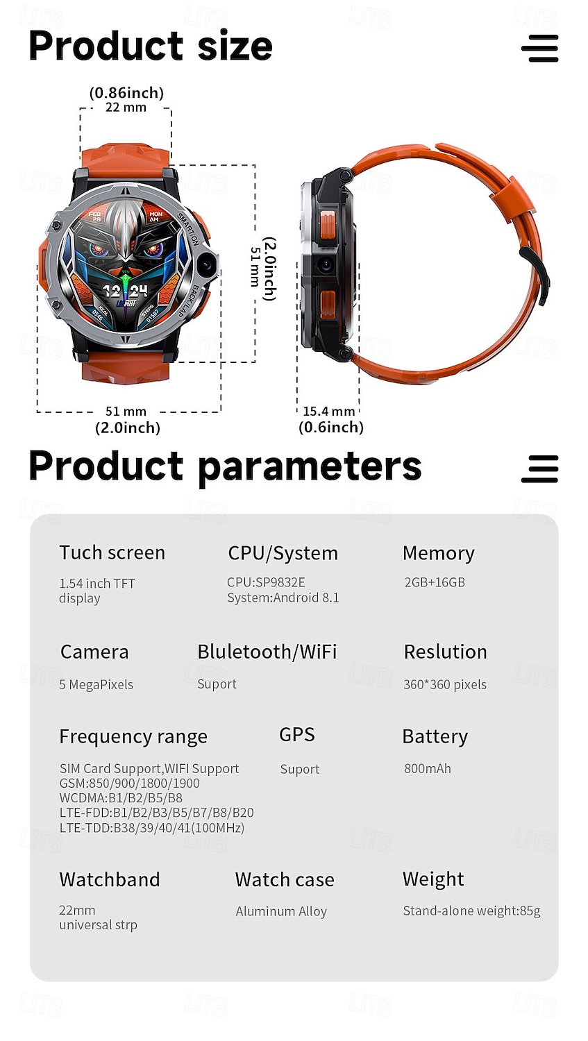 Relógio inteligente Lokmat Appllp 6 Pro de 1,54 polegadas com 4G LTE, pedômetro, lembrete de chamadas, monitor de sono, compatível com Android e iOS, unissex, GPS, chamadas em modo mãos-livres, controle de mídia, IPX-4, 51 mm. de 2026 por $149.99 –P13