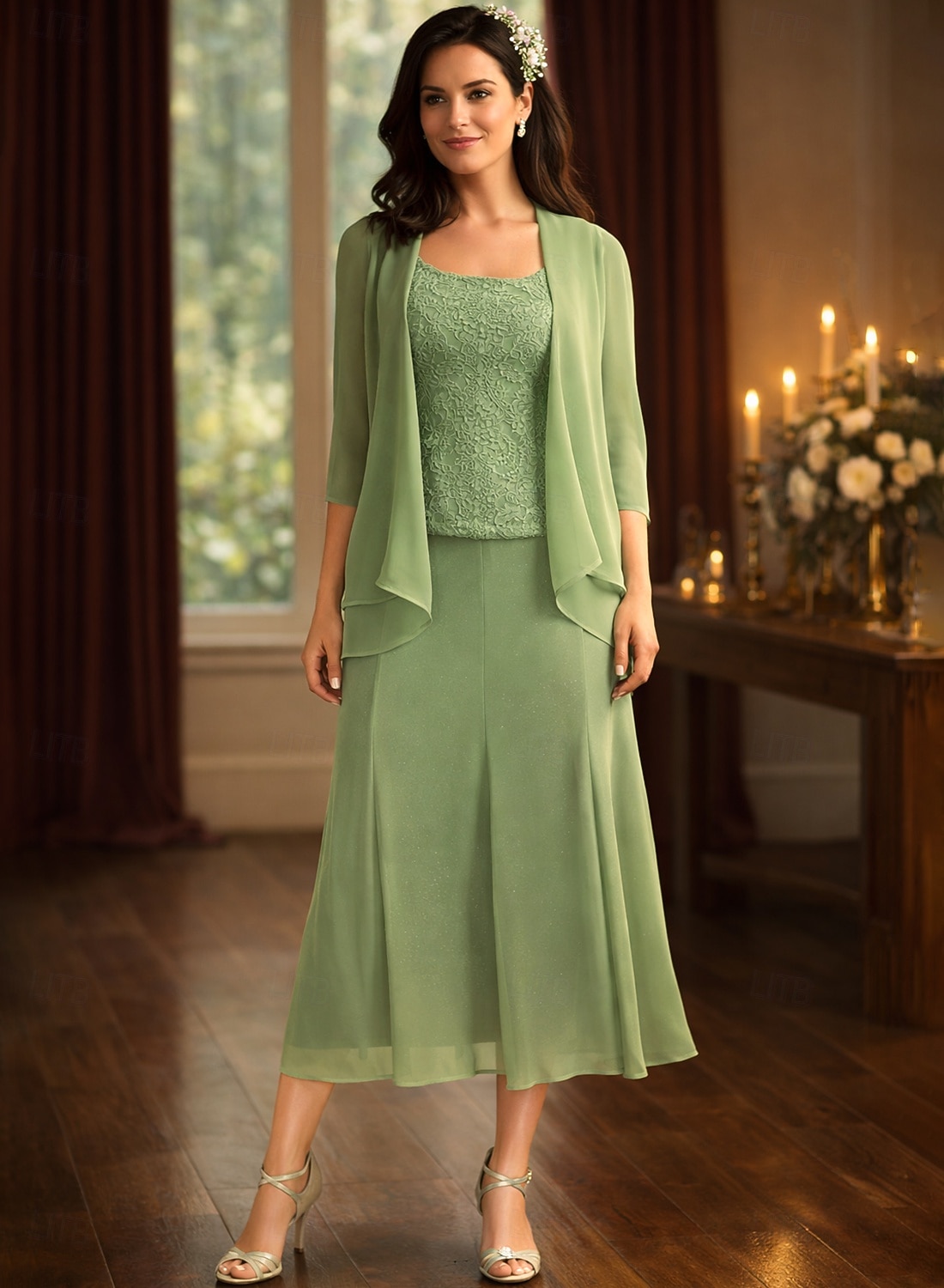 Ensembles de robes longueur thé robe de invitée de mariage robe de mère de la mariée à manches 3/4 décolleté carré élégante simple pour invité de mariage avec couleur unie de 2026 ? $183.99 –P1