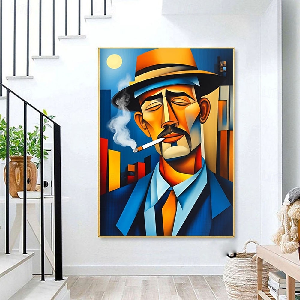 Modern Expressionist Man Smoking Canvas Abstract Picaso Style Portrait Wall Art Blue Orange Home Decor Contemporary Art Canvas Unique Character 2026 - $102.99 –P1