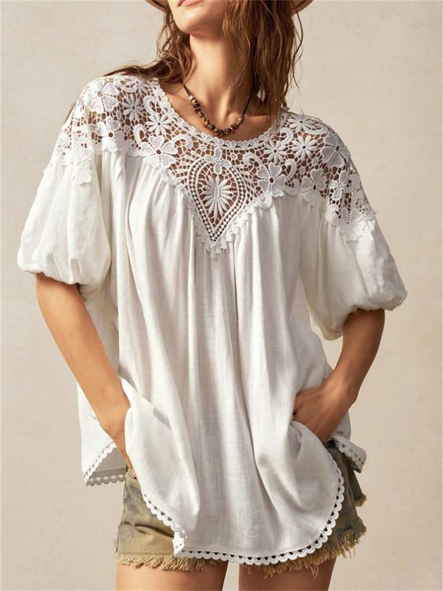 Mujer Tops de verano Blusa Tops de encaje Frunce Encaje Retazos Plano Elegante Tropical damas Manga Corta Manga de la linterna Cuello Barco Tops regulares Diario Trabajo Festivos Blanco Amarillo Rojo 2026 - $32.99 –P1