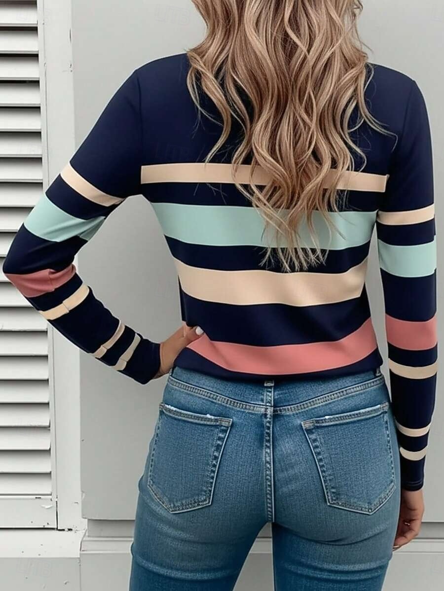 Damskie Podkoszulek Kolorowy blok Nadruk Graficzny Geometryczny Moda Elegancki Klasyczny Długi rękaw Półgolf Zwykłe topy Codzienny Niebieski Czarny Zielony Lato Wiosna 2026 - $24.99 –P2