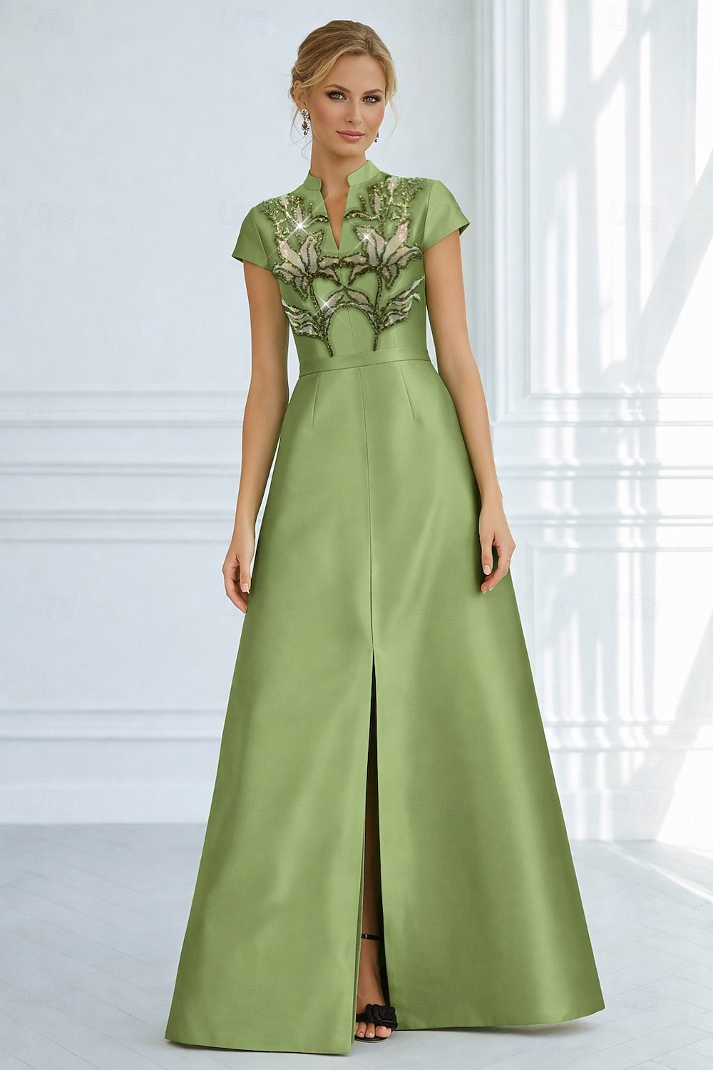 A-Line Floor Length Beaded Eembroidered Formal Dresses Mother of the Bride Dress Evening Gown Formal Dress Elegant Sparkle Silky Short Sleeve V Neck Wedding Formal Pocket Satin Cowl Back with Glitter 2026 - $206.99 –P1