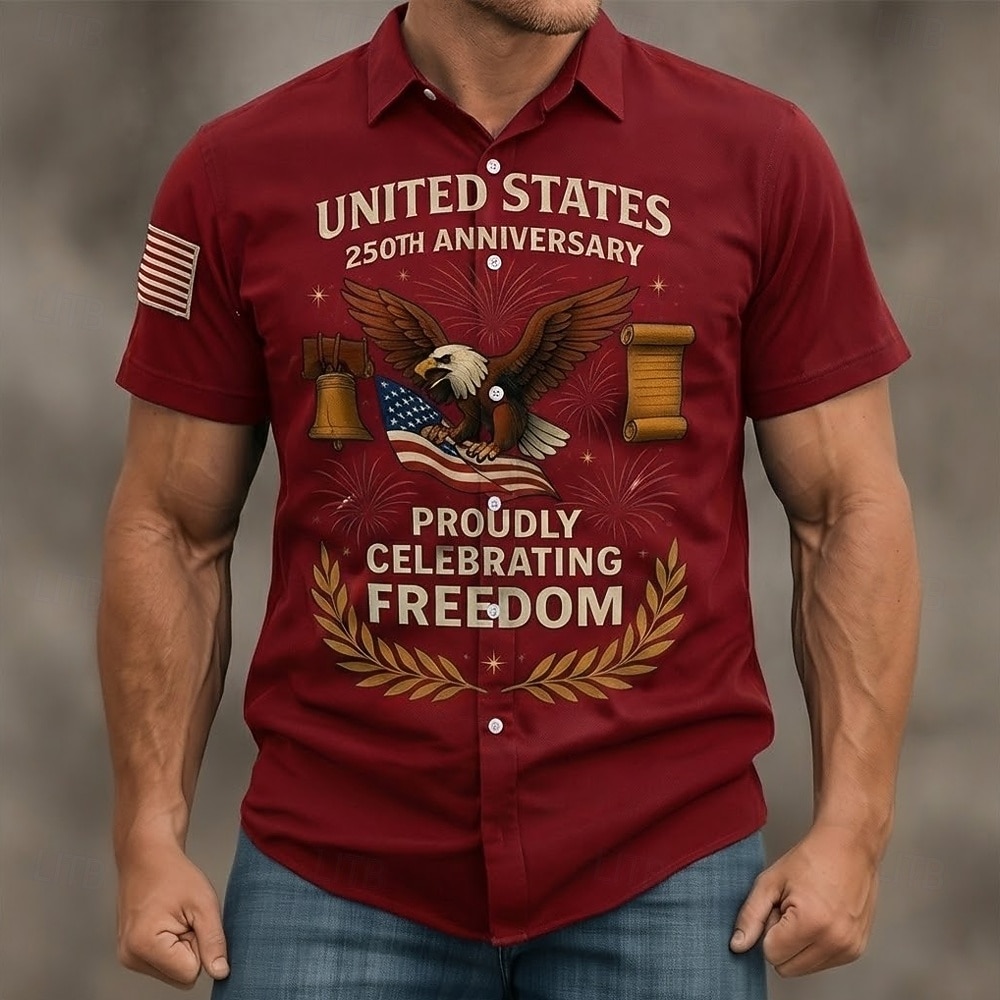 Herre 4. juli USAs 250-årsjubileum Ørn FREEDOM Skjorte Skjorte med knapper Kortermet Patriotisk utendørs Ferie Sommer Vår Aftæpning 3D-utskrift krage skjorter Svart Vin Mørkeblå 2026 - $25.99 –P2