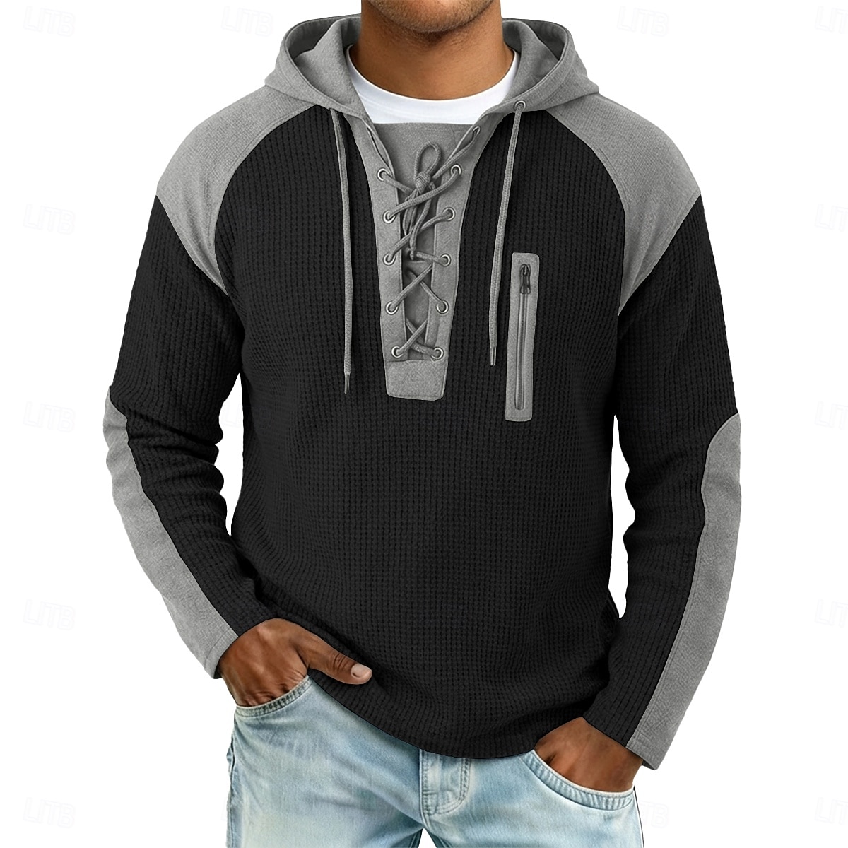 Per uomo Maglietta Waffle Maglietta Maglia Henley a nido d'ape Manica Lunga Con Cappuccio Collo con lacci Autunno Autunno & Inverno Tinta unica Testurizzato Tradizionale / Vintage Casual Coulisse del 2026 a $26.99 –P9