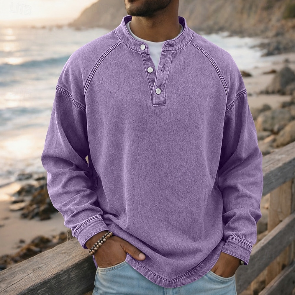 SoftFade™ Camiseta para Hombre Henley 100% Algodón Camisa Lavado Ácido T Shirt Tee de Manga Larga Color Sólido Sencillo Vintage Streetwear Casual Prenda Teñida Sencilla Lavada Cuello Alto Henley 2026 - $31.99 –P10