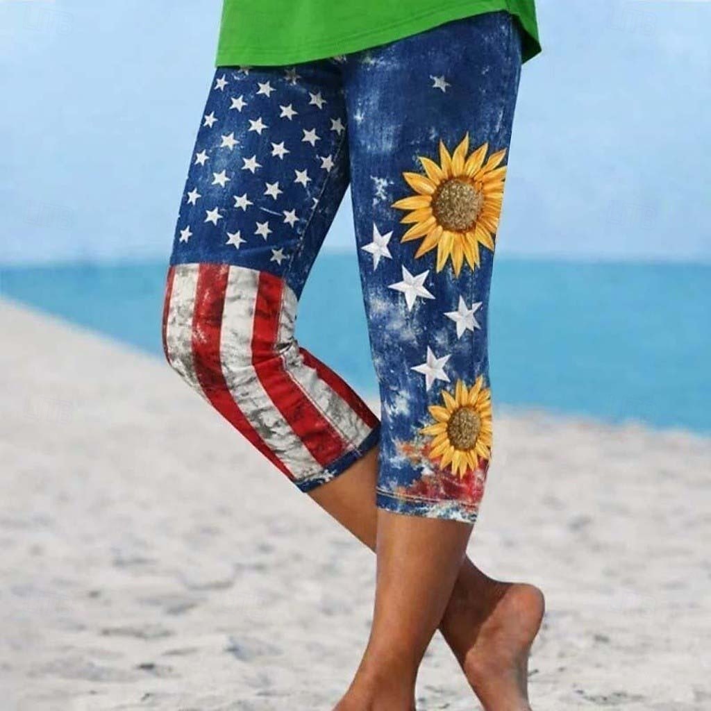 День независимости Патриотические женские капри леггинсы отпуск гавайские стильные до колена средней талии графического национального флага комфортные эластичные отпуск формальный улица синий белый 2026 - $19.99 –P1