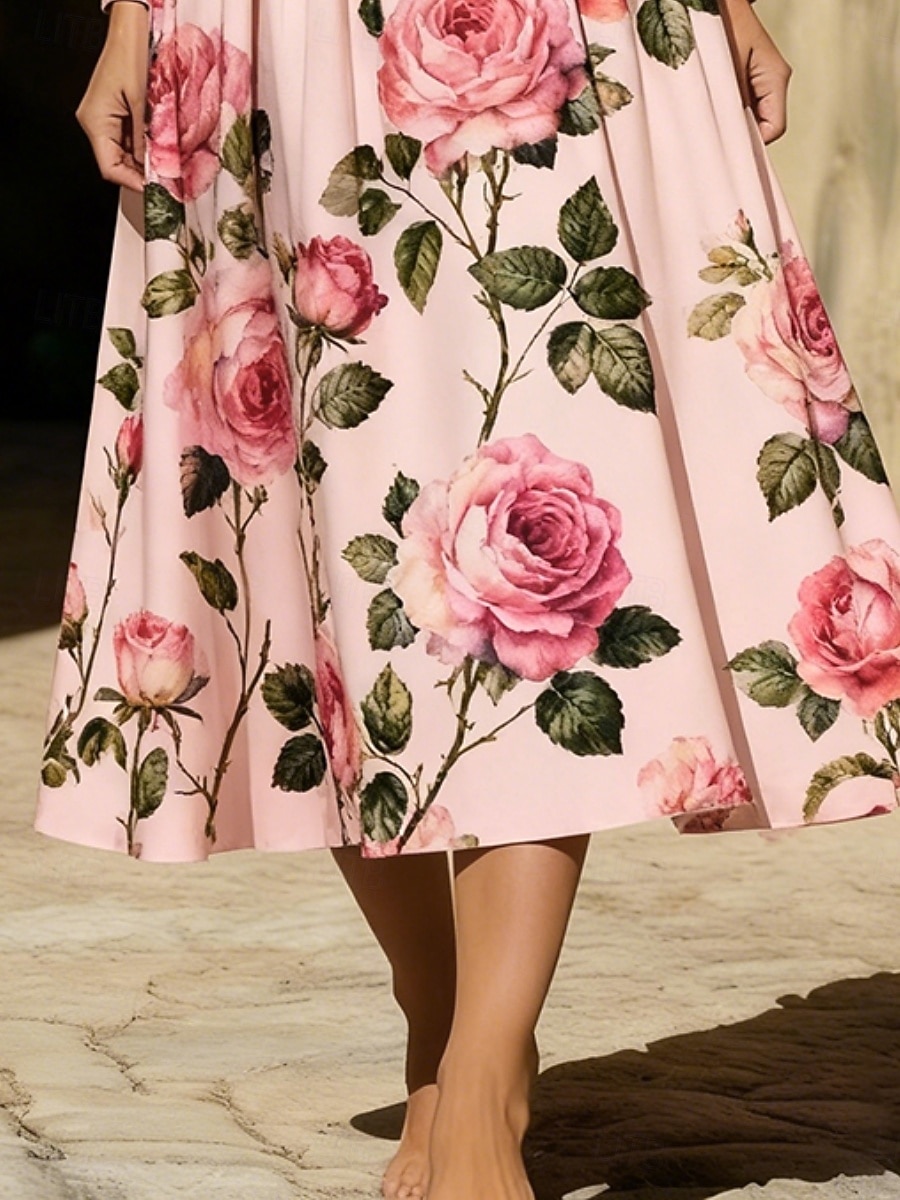 Dame Midikjole Boho-kjole Uformell kjole Elegant Årgang Daglig utendørs Feriereise Normal Blomstret Langermet V-hals Rosa Sommer Vår Høst 2026 - $41.99 –P3