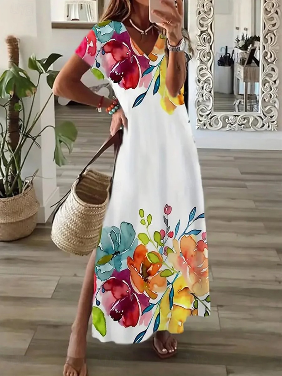 Per donna Abito maxi Vestito Estivo Vestito T-Shirt Abito a trapezio Vacanza Casual Spiaggia Uscire Vestibilità comoda Floreale Grafico Manica Corta Scollo a V Giallo Viola Verde Estate Primavera del 2026 a $27.99 –P3