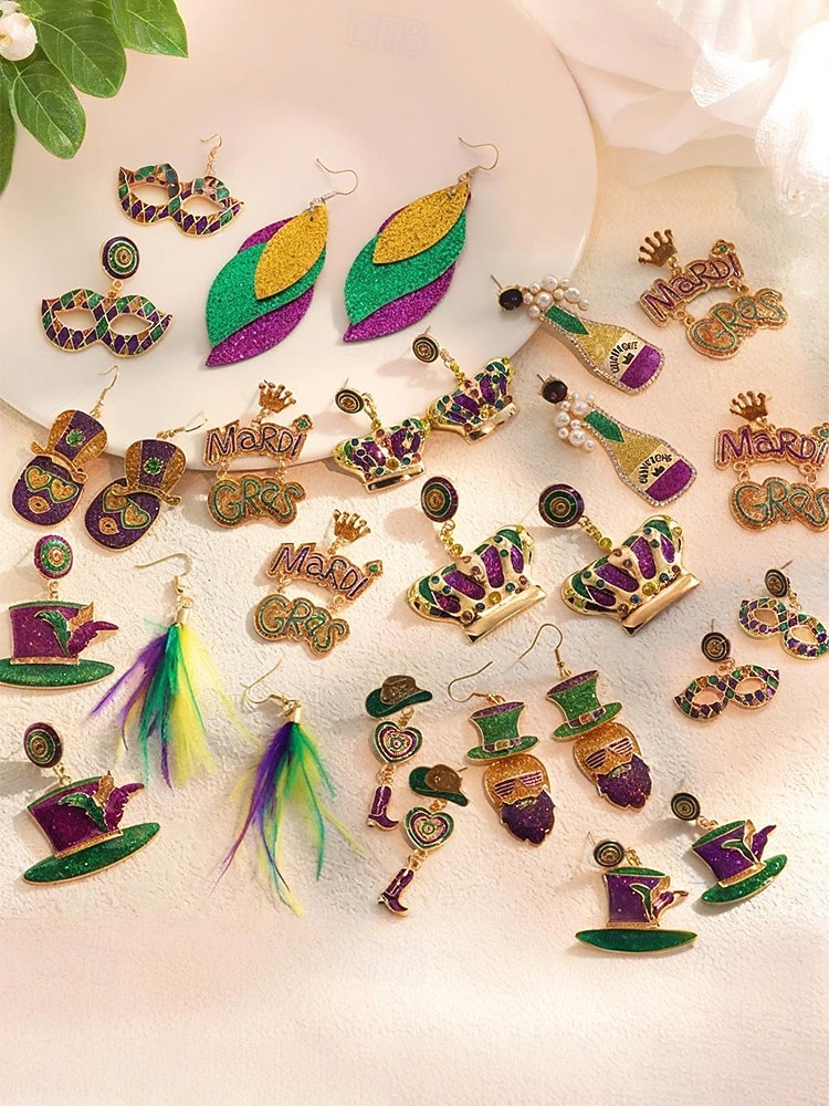 Dámské náušnice s motivem Mardi Gras – materiál slitina, k dispozici v různých designech, ideální pro oslavy a festivaly Mardi Gras 2026 - $7.99 –P5