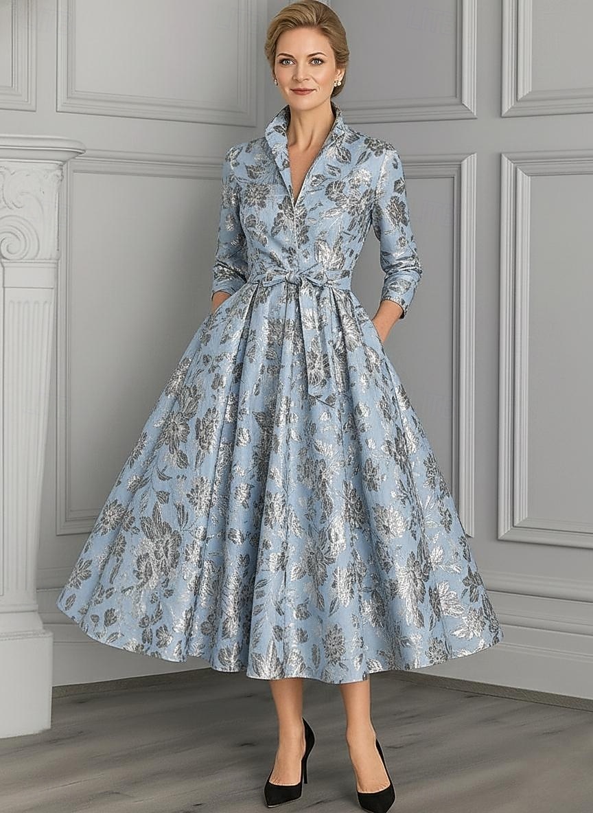 A-Linie Knöchellänge Kleid für Hochzeitsgäste Abendkleid Brautmutterkleid Dreiviertelarm Revers Elegant Vintage Formell Spandex mit Schärpe / Band Schleife(n) 2026 - $163.99 –P1