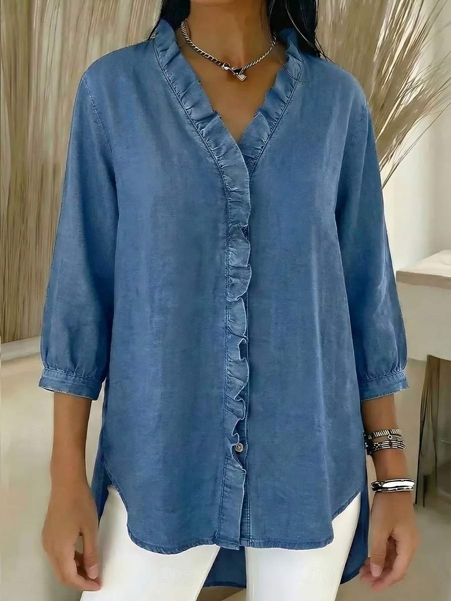 Per donna Camicia Estiva Camicia casual Blusa Volant Tinta unica Vacanza Vintage Elegante Manica 3/4 Scollo a V Top Regolari Quotidiano All'aperto Ferie Blu Nero Blu marino Albicocca Grigio Primavera del 2026 a $29.99 –P6