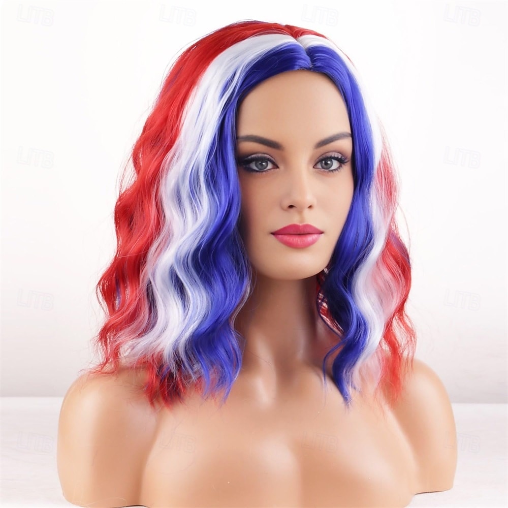 4. juli Flag Parykk Kvinner Kort Krøllete Rød Hvit og Blå Kostyme Parykker Uavhengighetsdag Cosplay Fest 2026 - $24.99 –P3