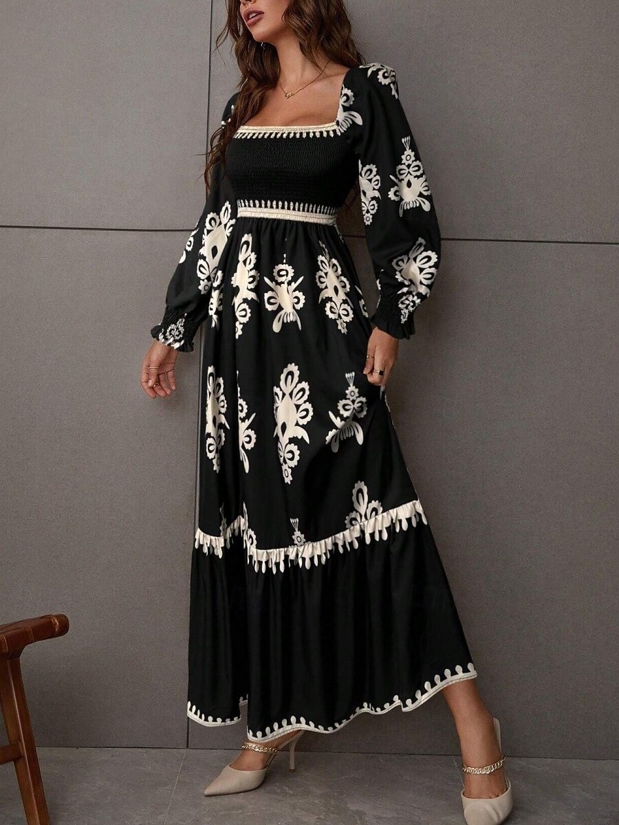 Mujer Vestido maxi Vestido de una línea Vestido de flores Elegante Moda Moderno Exterior Vacaciones Fiesta Ajuste regular Floral Manga Larga Escote Cuadrado Negro Burdeos Marrón Albaricoque Primavera 2026 - $41.99 –P7