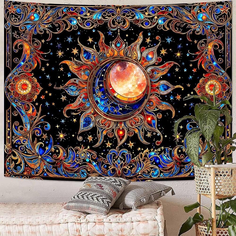 Wandteppich mit Sonne und Mond aus Buntglas, himmlisches Mosaik, Boho-Stil, kunstvolle Wanddekoration für Yoga-, Meditations- und Wohnzimmer 2026 - $20.99 –P5
